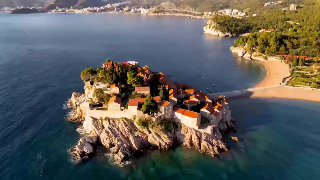Sveti Stefan on the Montenegrin coast, seen from the air